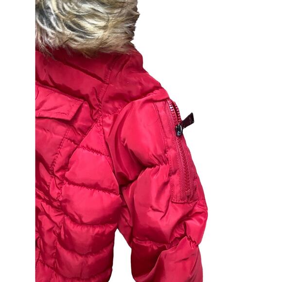BEBE Red Hooded Puffer Jacket Coat Women L Faux Fur Short Rhinestone - Picture 4 of 16